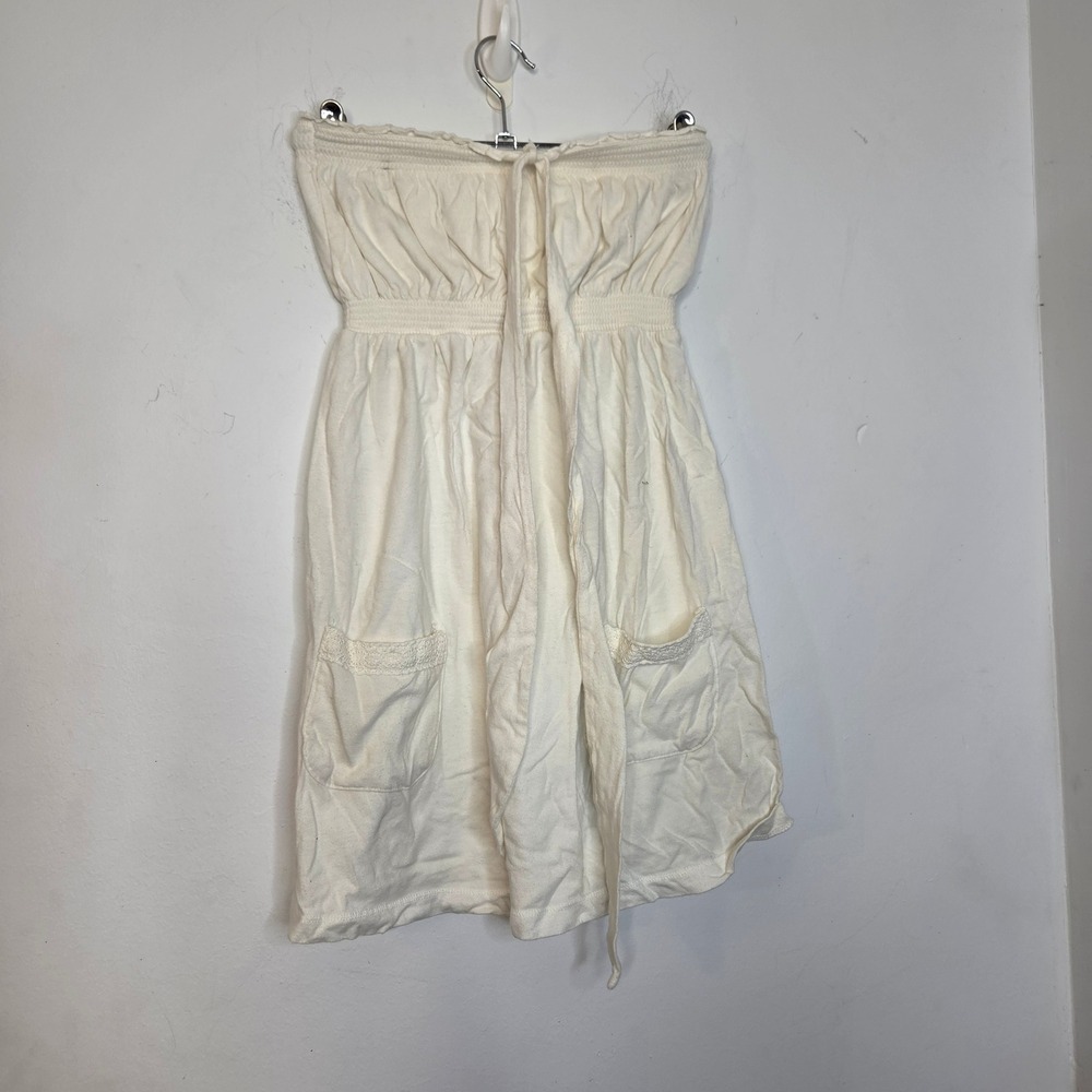 SO Womens Large Cream‎ Cotton Smocked Tube Dress Strapless Lace Trim Pockets